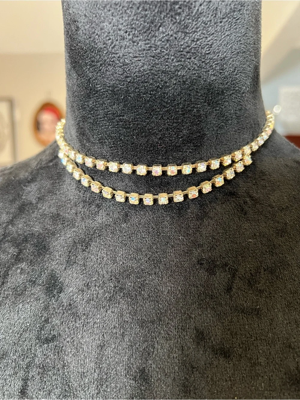 Vintage Gold-Tone Crystal Tennis Necklace - Aurora Borealis Sparkle